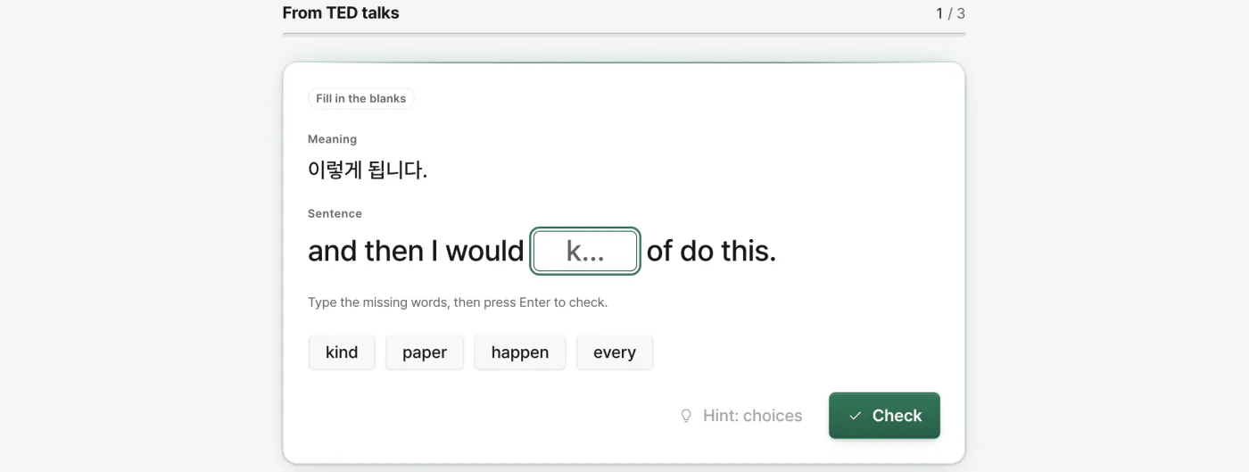 A fill-in-the-blanks quiz with one blank and four word choices opened as a hint