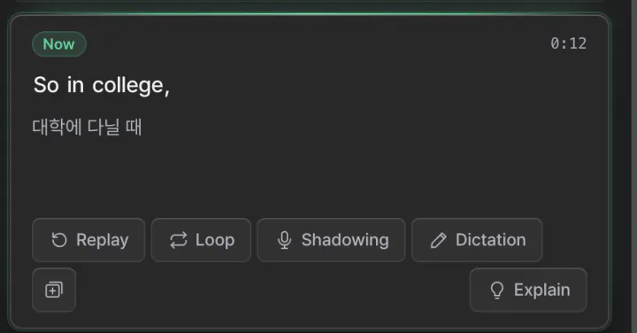The current-sentence card in the study panel, with an Explain button below the replay, loop, shadowing and dictation buttons