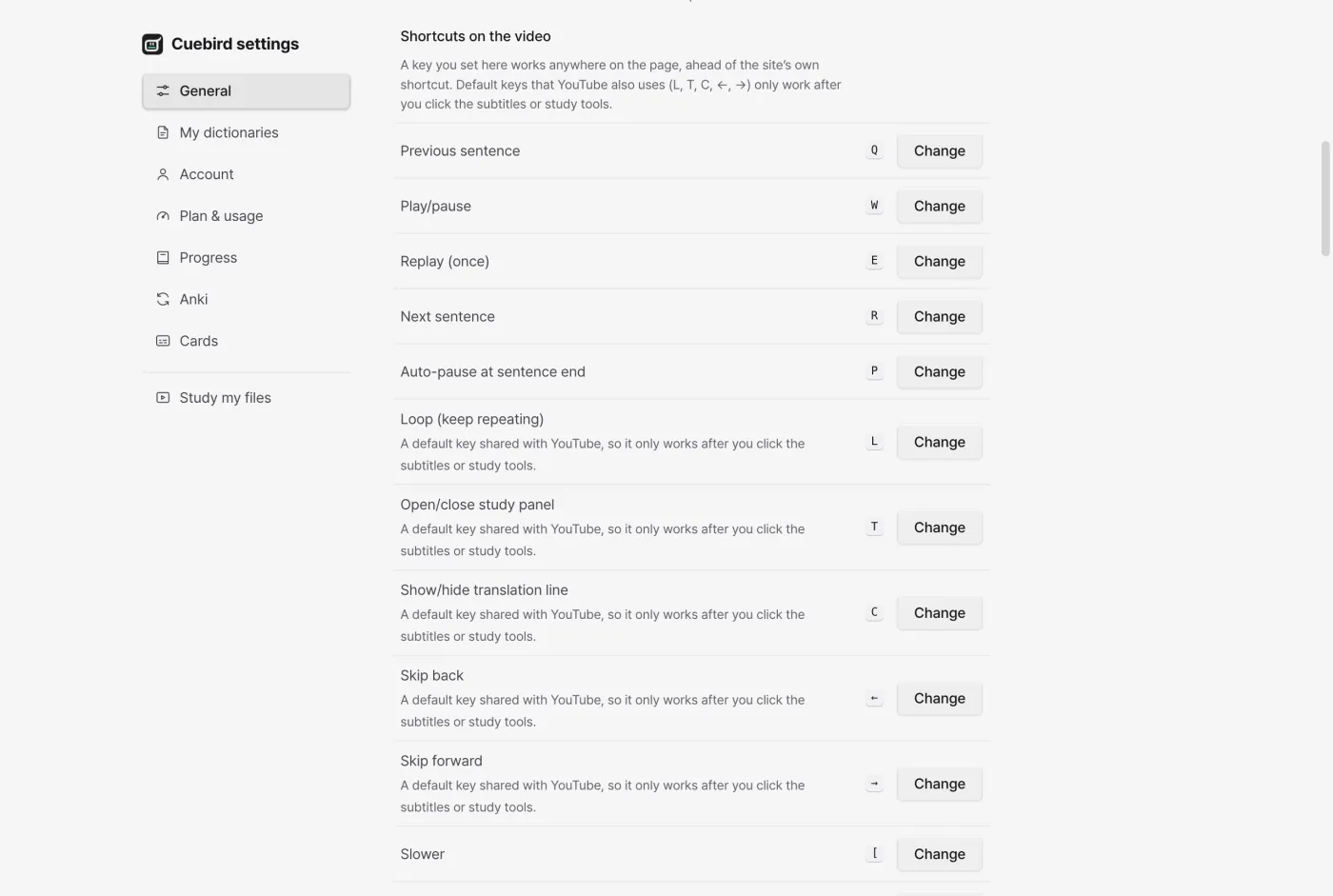 Settings list of player shortcuts, each with its key and a change button